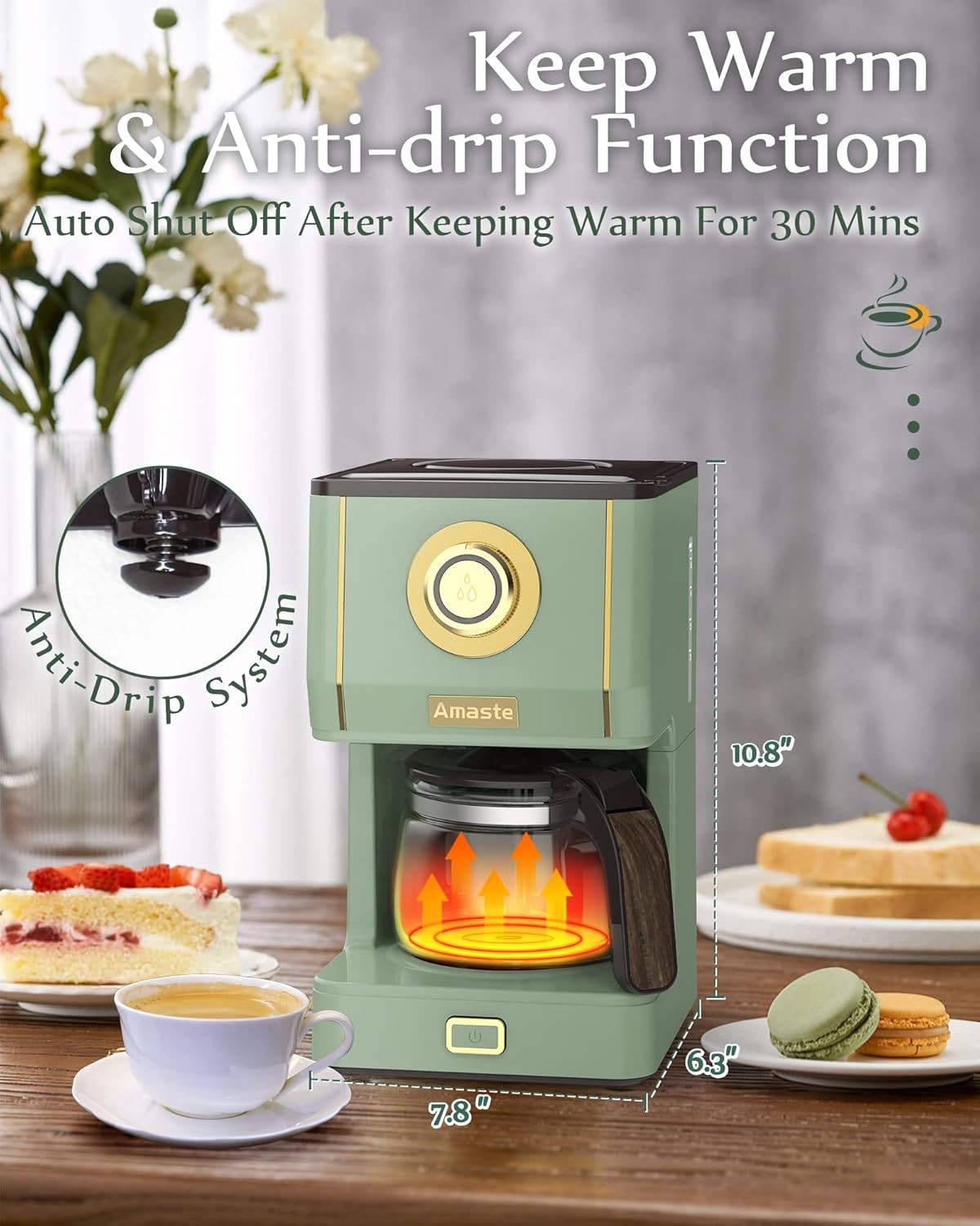 Amaste drip coffee maker, equipped with a 25-ounce glass coffee pot,matcha green