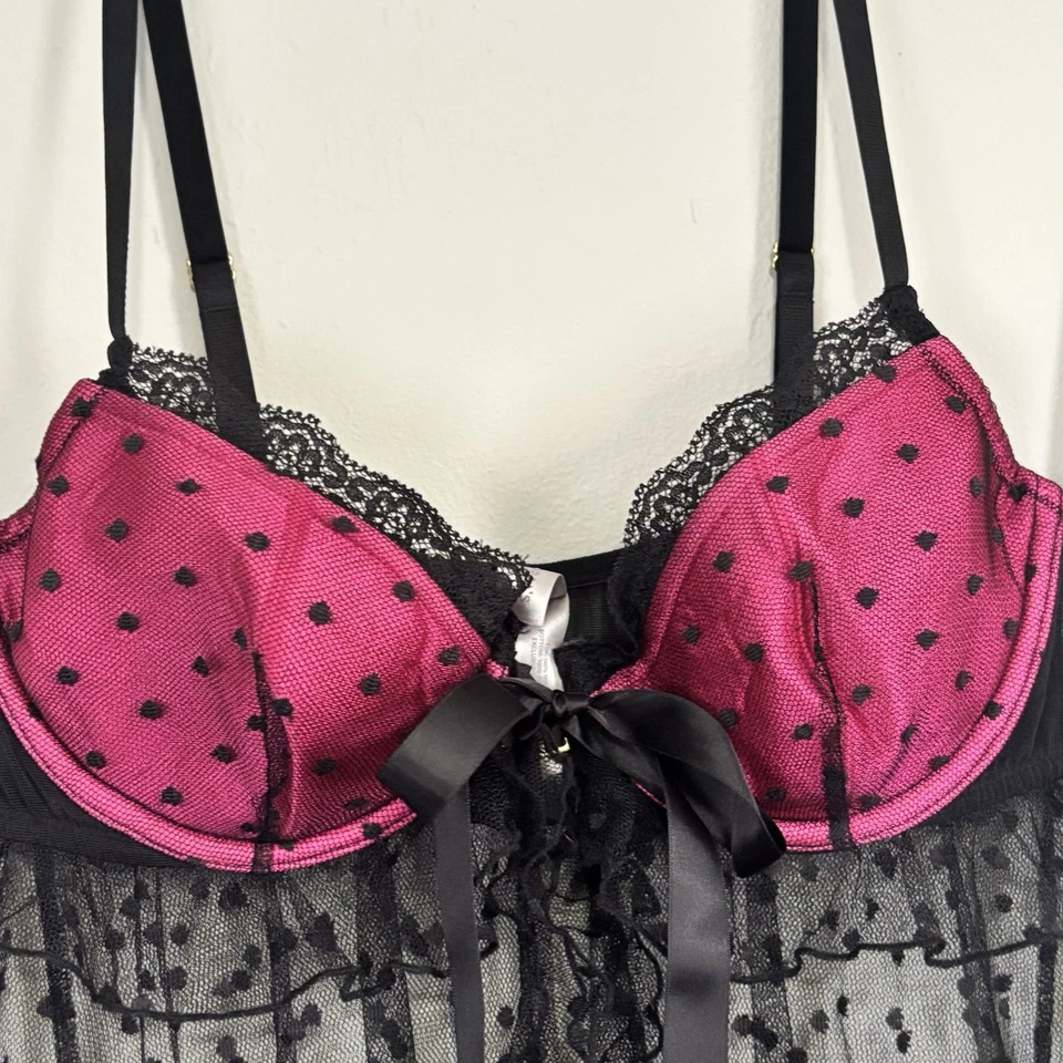 VICTORIA’S SECRET Women’s Black Pink Mesh Lace Teddy Bustier Underwire Size 34C - Image 3 of 4