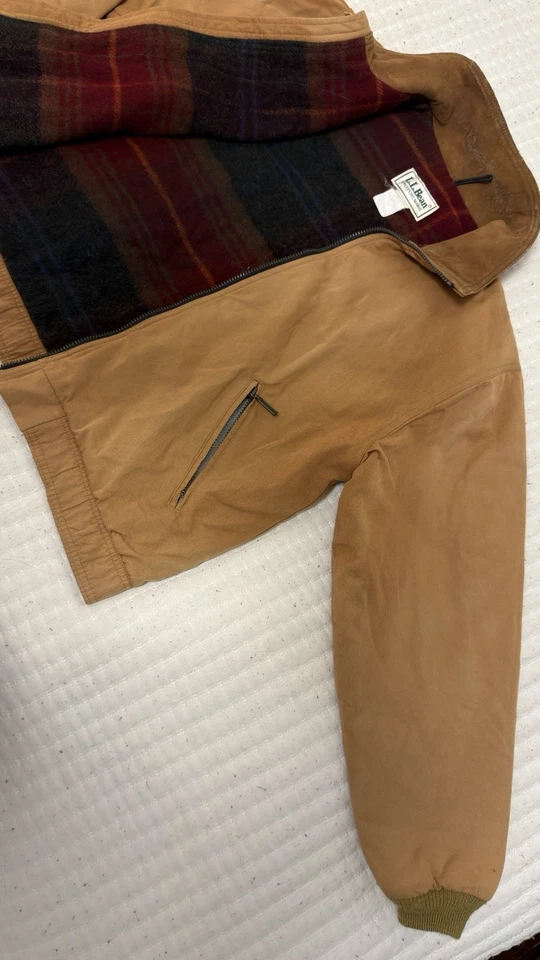 VINTAGE LL BEAN Canvas Wool Blanket Lined Leather Collar Bomber Jacket M READ - Image 4 of 4