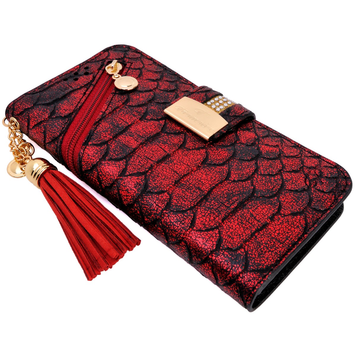 Leather Wallet Snake Hide Phone Case Snake Skin Red PU Leather