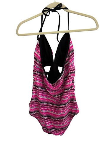 Bongo Pink & Black Aztec Print One-Piece Swimsuit With Side Cutouts & Halter Tie - Picture 2 of 10