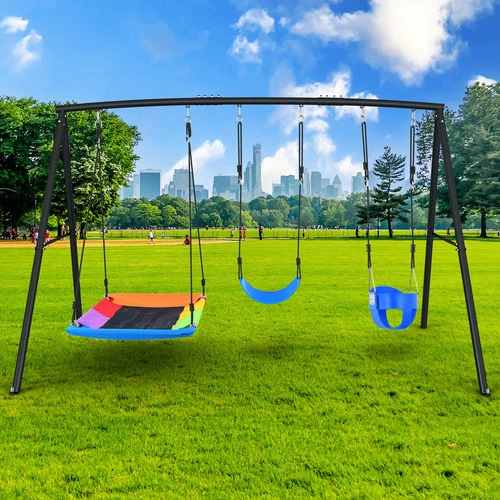 Hapfan 440lbs Heavy Duty Metal Swing Set Kids Baby Backyard Playset w/ 3 Swings