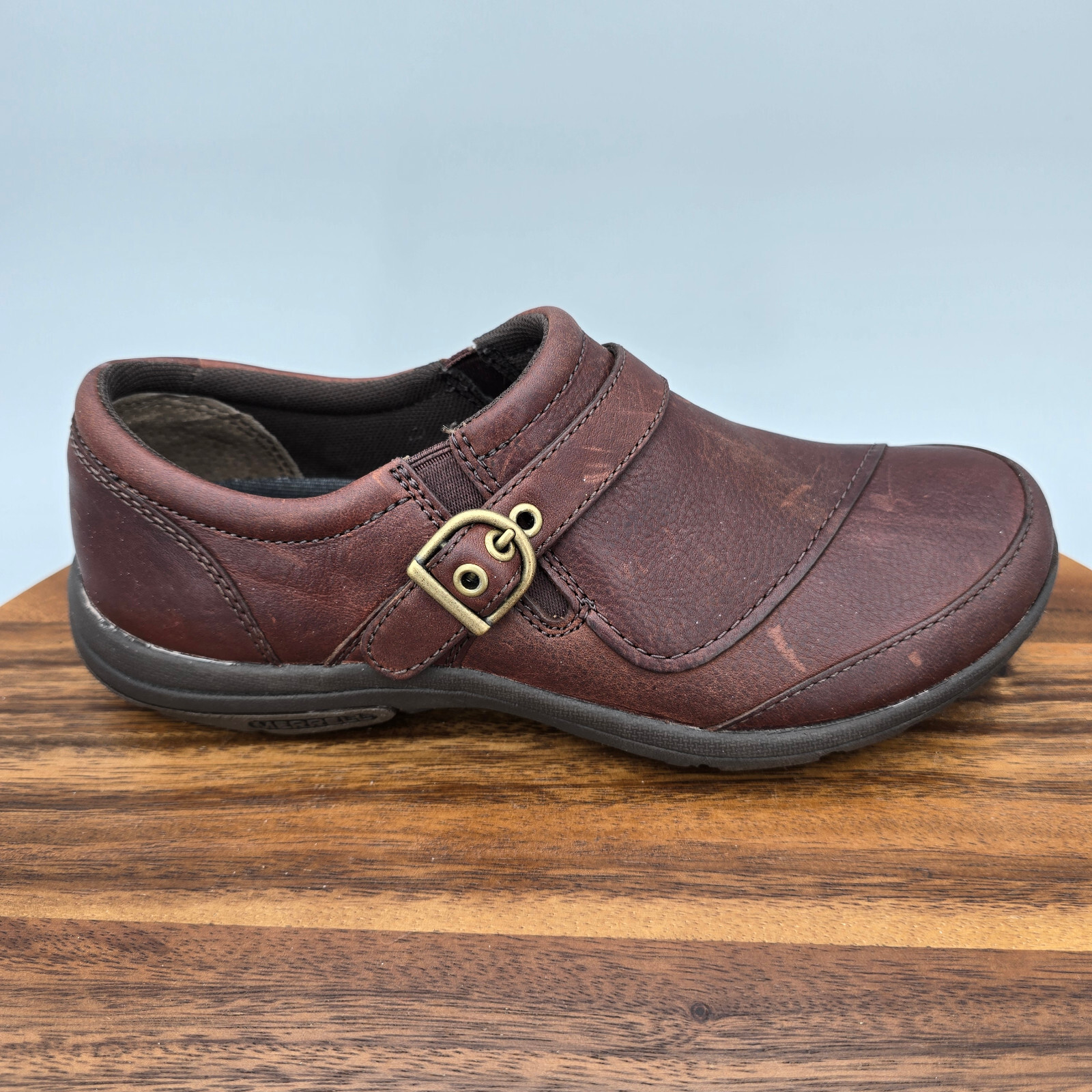 Scarpe Merrell mocassini donna 7 5 Woodbury pelle marrone fibbia passeggio comodi