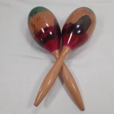 Vintage Florida Pair of Large Maracas Solid Wood Hand Painted Sealed Made Mexico