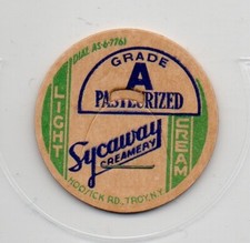 Milk Bottle Cap- Sycaway Creamery - Hoosick Rd., Troy, New York - DIAL AS-6-7761