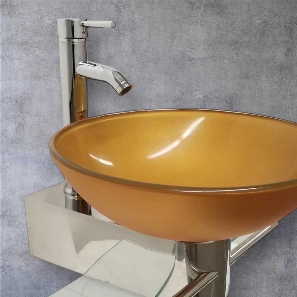 现代小型浴室台灯梳妆玻璃碗容器芥末金水槽组合 — 第 4/4 张图片