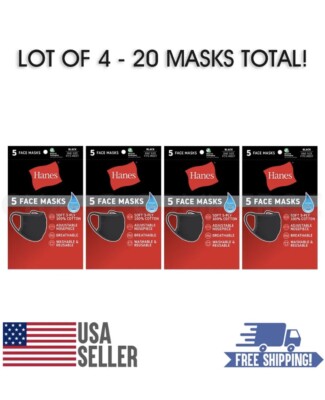 Lot of 4 Packs (20 Masks) Hanes Black 100% Cotton Face Mask Washable Reusable