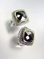 EXQUISITE Balinese Silver Wheat Cable Gold Black Onyx CZ Crystal Square Earrings