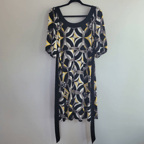 Vintage y2k babydoll knee length dress abstract geometric print puff sleeve - Picture 2 of 7