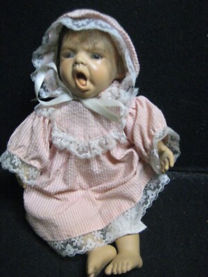 Vintage Berenguer Expressions Doll 9'' Yawning Baby Pink White Striped Gown Stand