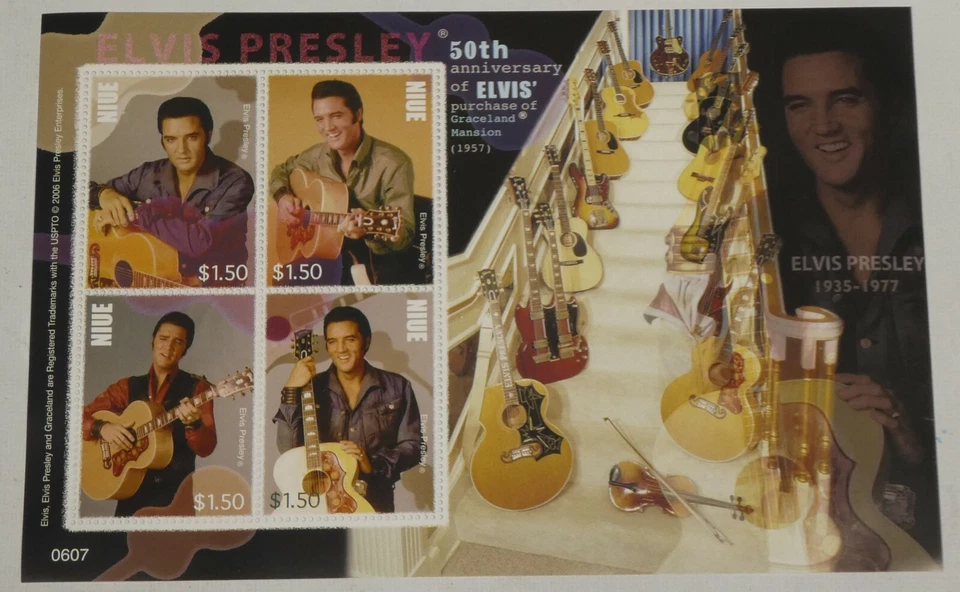 Hoja de 4 estampillas de recuerdo Niue de Elvis Presley de $1,50 2007 1086-89 Graceland 50 Foto 3 de 4