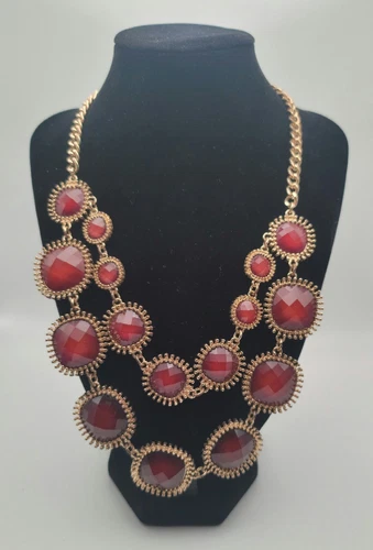 Mika Statement Necklace, Rust/Brownish Red Tone Acrylic and Gold Tone Metal