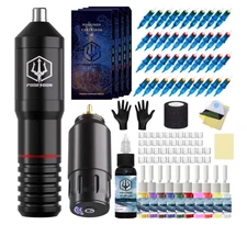 POSEIDON Wireless Tattoo Pen Kit Machine Gun Set w/Power Supply & 40 Needles PTK