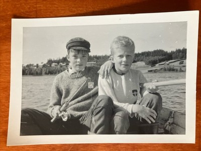 Two Well Dressed Preppy Boys Fishing On Boat Vtg Found Photo 5 x 3 ID'd on Back