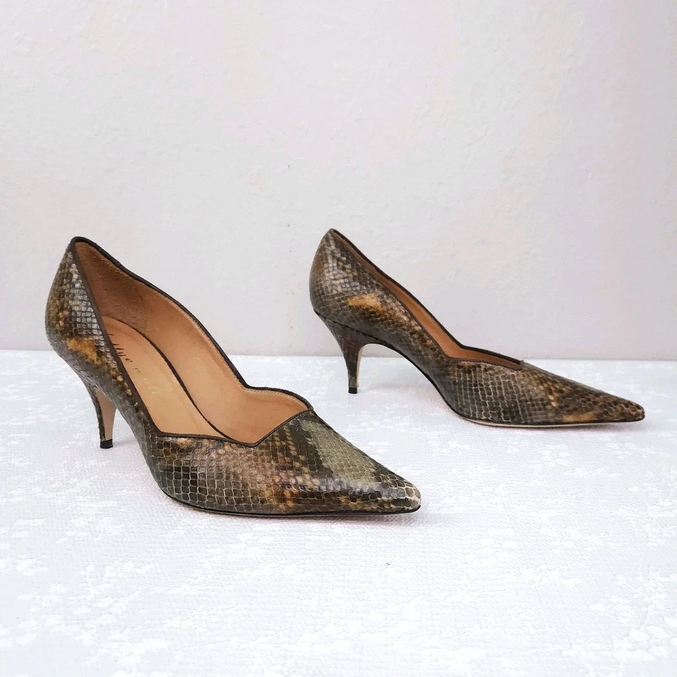 Bettye Muller Kitten Heels Women's 6.5-7 EU 37 Brown Tan Green Snakeskin Pumps - Image 3 of 4