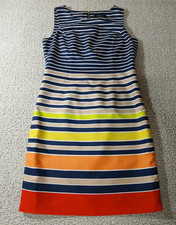 Ellen Tracy Womens Shift Dress 8 Navy Multicolor Stripes Back Zip Sleeveless