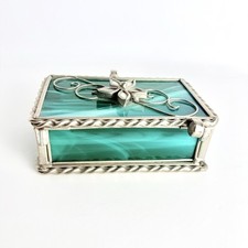 Vintage Stained Glass Jewelry Box Flower Green Silver Metal 3"x 5" Boho Trinket