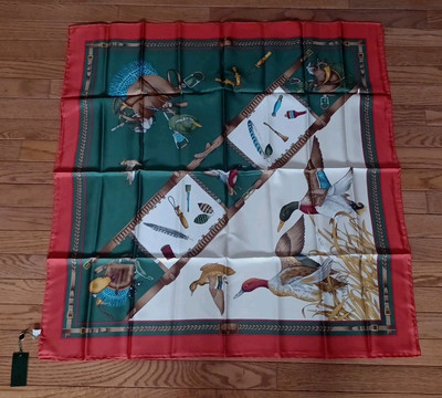 Vintage Gucci Signed Ducks And Bag In Flight Green Scarf 33”x33