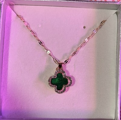 Green Clover Pendant CZ Gold Plated Necklace 16-18   Adjustable Chain Beautiful