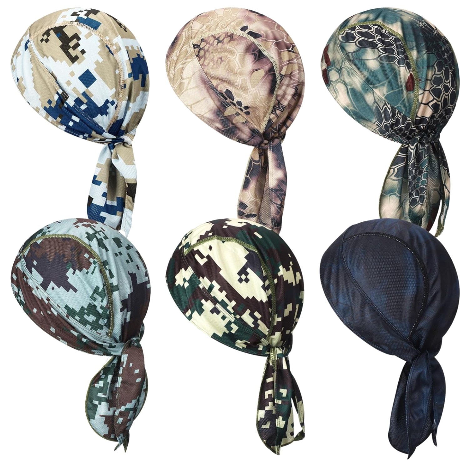 6-Pack Camo Bandana & Sweat-Wicking Skull Caps for All-Day Comfort