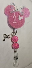 Pink Resin Retractable ID Badge Reel Mouse Ears Stethoscope Medical NEW CUTE