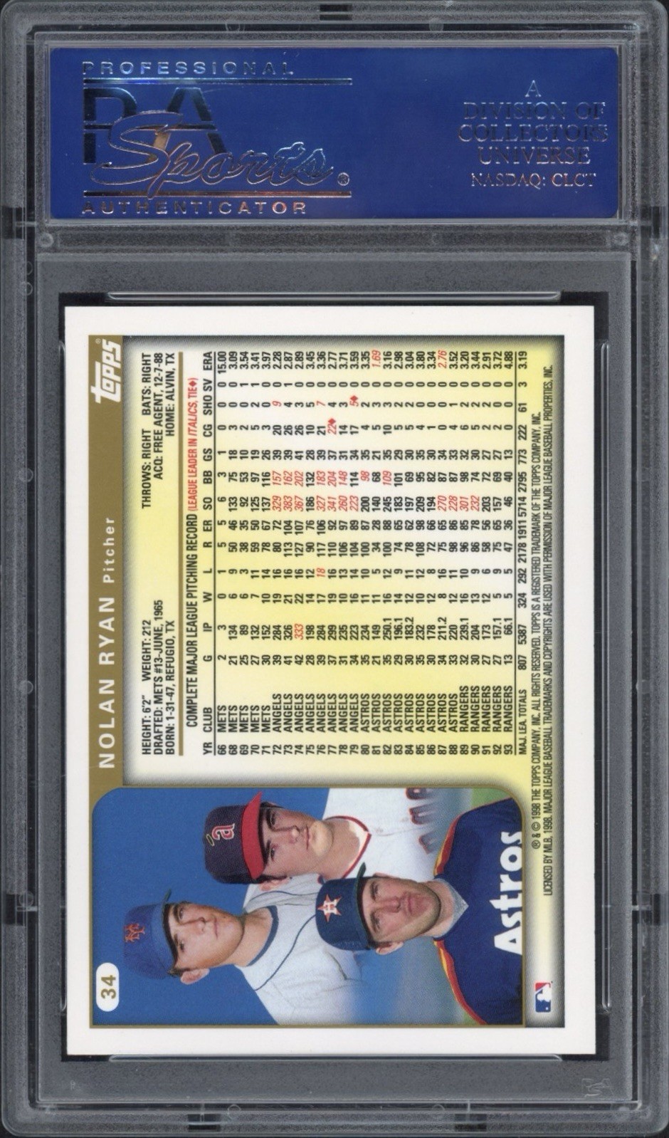 1999 Topps Nolan Ryan #34 PSA 10 GEM MT HOF Texas Rangers  view 2
