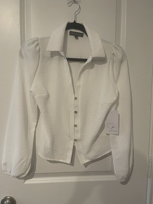 Love Delirious Off-White Collared Button Front Puff Long Sleeve Blouse S