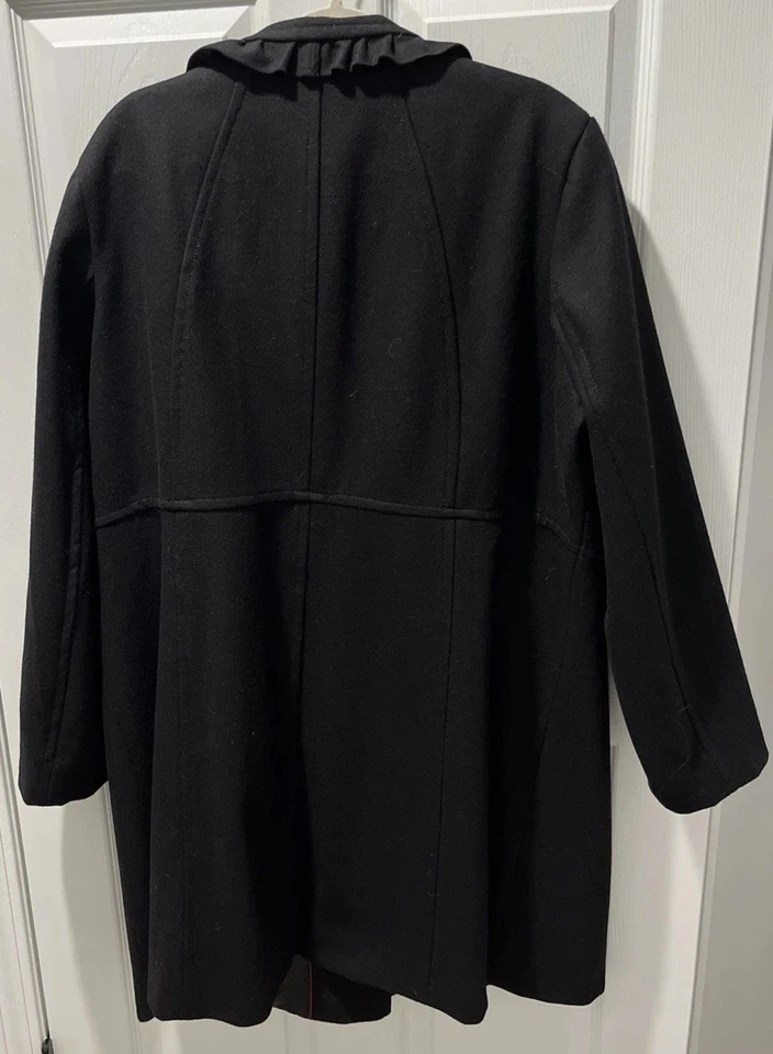 Abrigo de vestir largo para mujer Covington 20-22W negro mezcla de lana con volantes delantero/cuello UE Foto 4 de 4