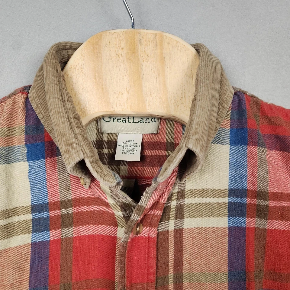 GreatLand Shirt Mens Large Red Plaid Cotton Corduroy Collar Button Front Flannel - Image 4 of 4