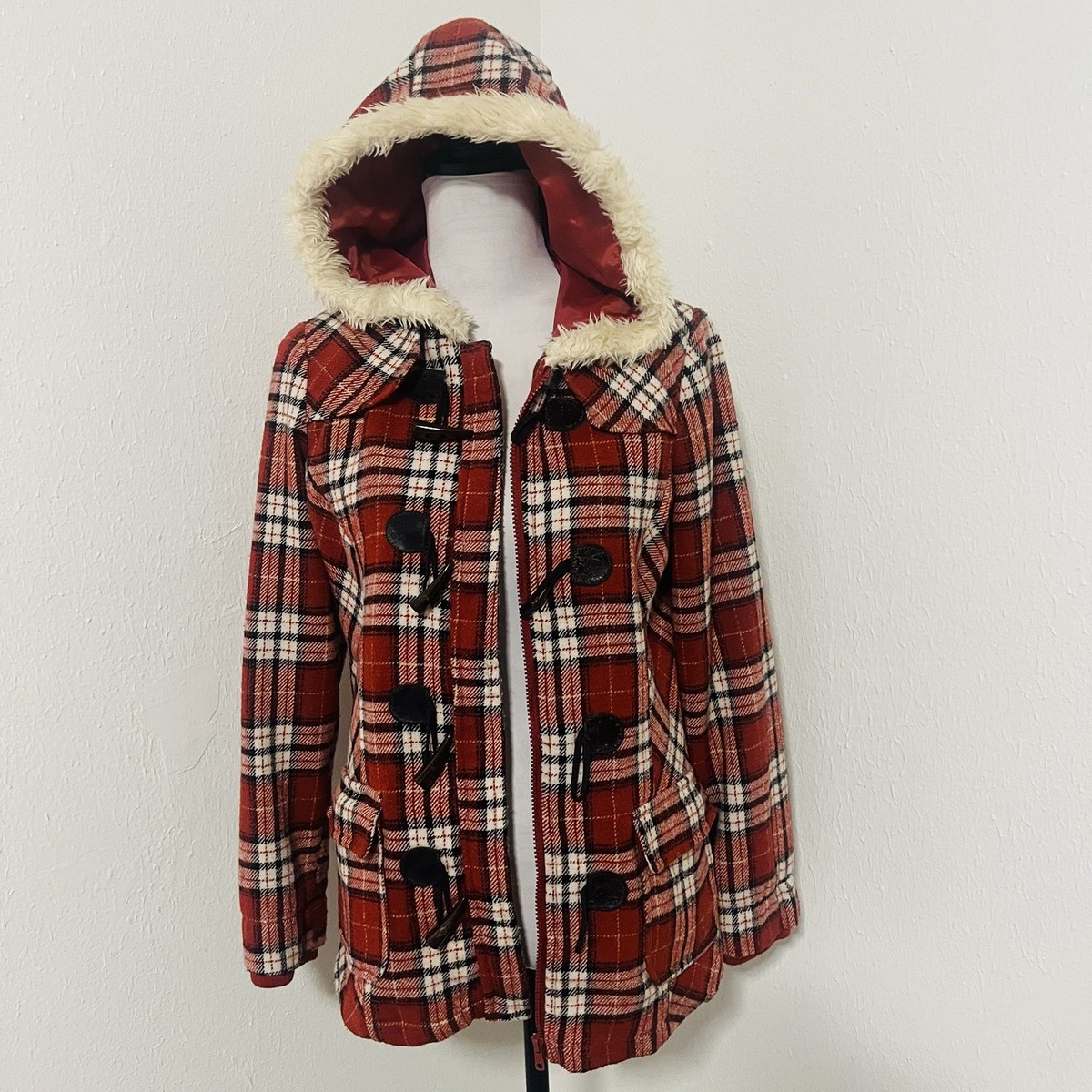 Vintage XX3 Junior's Medium Plaid Y2K Faux Fur Hoodie Jacket Coat