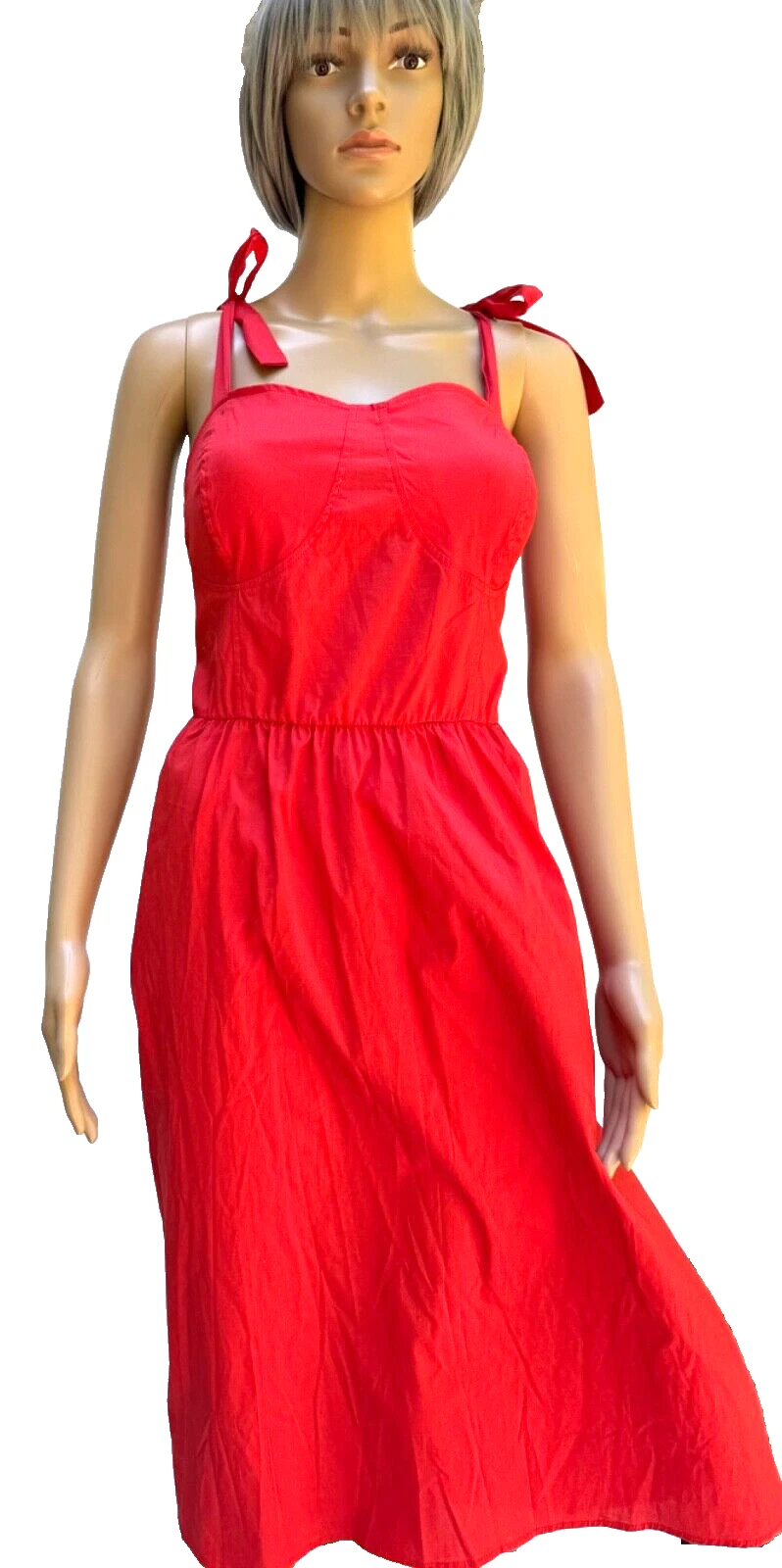 VETEMENTS Abito midi LAUREN CONRAD arancione aderente e svasato spalline fiocchi smocked XL