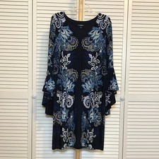 Roz & Ali Paisley Floral V-Neck Long Bell Sleeve Shift Midi Dress L