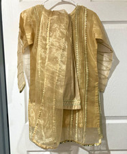 Girls Gold Silk Brocade Salwar Kameez 3pc Outfit Set w/ Dupatta One Size