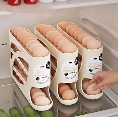 3-Tier Rolling Egg Storage Container for Refrigerator Holds 24 Eggs Organizer 