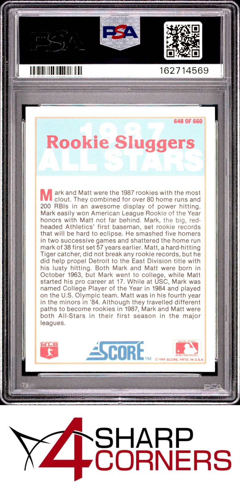 1988 SCORE #648 MARK McGWIRE ROOKIE SLUGGERS PSA 10 view 2