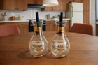 Vtg 1965 MCM Pyrex Oil And Vinegar Cruet Set W/Gold Bands And Stoppers 6.25" EUC
