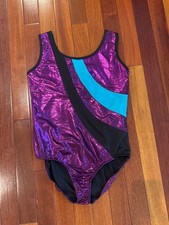 Danskin Now Child Large 10-12 Metallic Purple/ Black/Turquoise Gymnastic Leotard