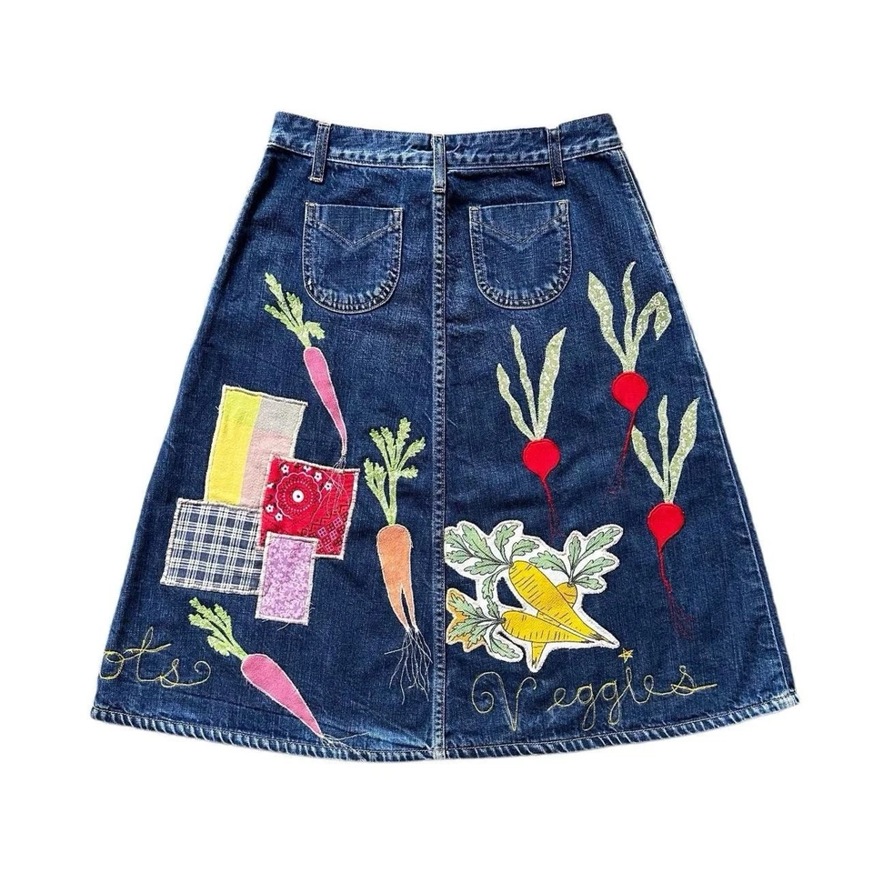 Женская переработанная юбка-нашивка из денима Root Veggies размер Small 28 дюймов еда ручной работы - Изображение 2 из 4