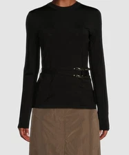 Halston Women's Black Belted Long-Sleeve Crewneck Top Size M