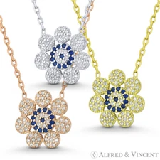 Evil Eye Flower Charm Greek Mati Turkish Nazar Hamsa CZ Sterling Silver Necklace