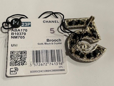 CHANEL No.5 Logo Brooch Gold Black with Crystal Rhinestone Black