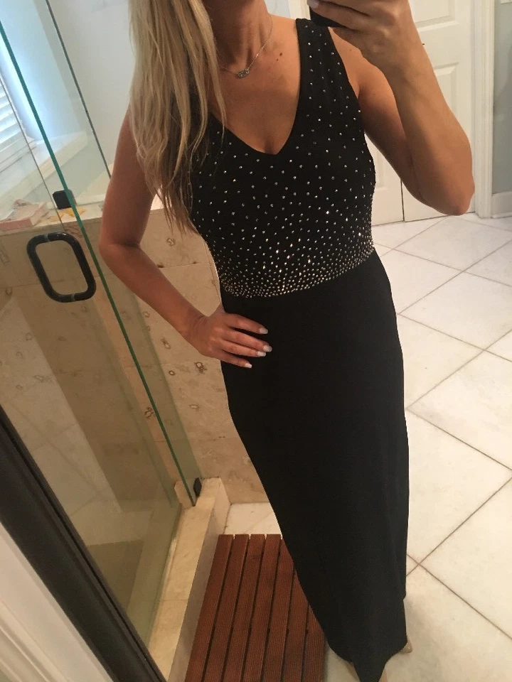 Carmen Marc Valvo Signature Dress S 4 Studded Jersey Gown Black Silver Slit Gorg - Image 2 of 4