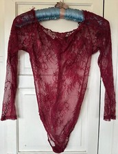 Vintage Burgundy Red Lace FREDERICK'S OF HOLLYWOOD Bodysuit Sz Small Long Sleeve