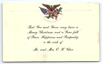 c1950 PATRIOTIC EMBOSSED CHRISTMAST CARD MR & MRS O.H. VIKER  POSTCARD P3654
