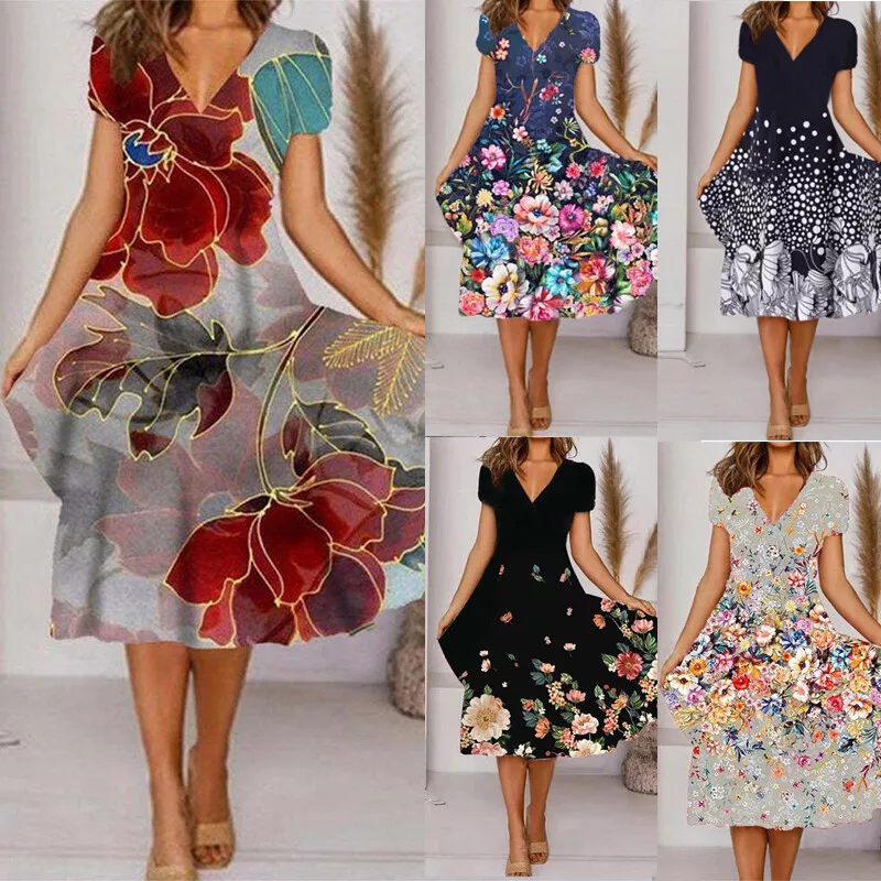 Womens Summer Floral V Neck Midi Dress Holiday Beach Short Sleeve Swing Sundres eBay