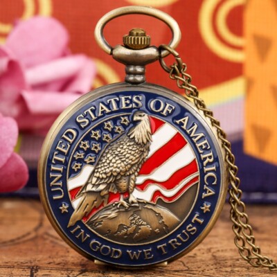 Bronze In God We Trust Eagle Quartz Pocket Watch Necklace Chain Souvenirs Gifts