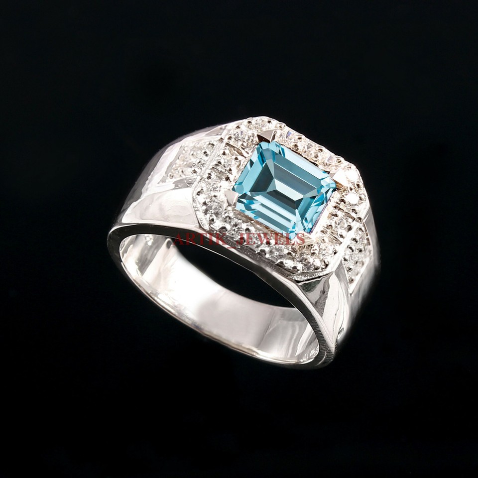 Natural Blue Topaz Gemstone with 925 Sterling Silver Ring for Men's ...