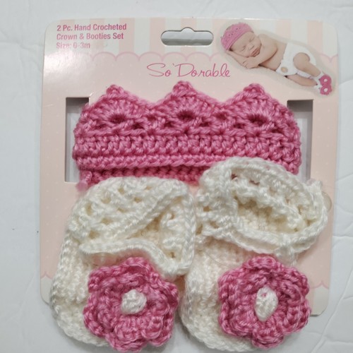 So Dorable Hand Crochet Crown And Booties Set 0-3 Months Baby Girl Pink