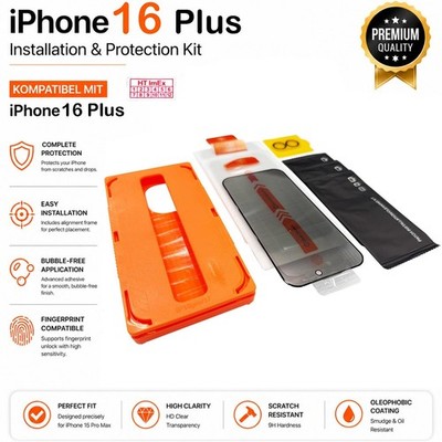 3x Panzerfolie kompatibel mit iPhone 16 Plus + 1x Kameraschutz + Anbringhilfe