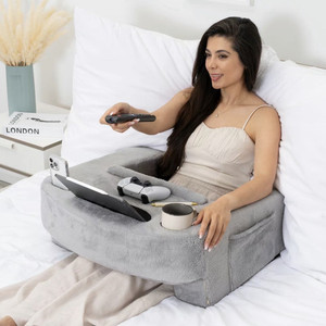Gray Ergonomic Memory Foam Back Support Cushion w/ Pocket & Cup Holder